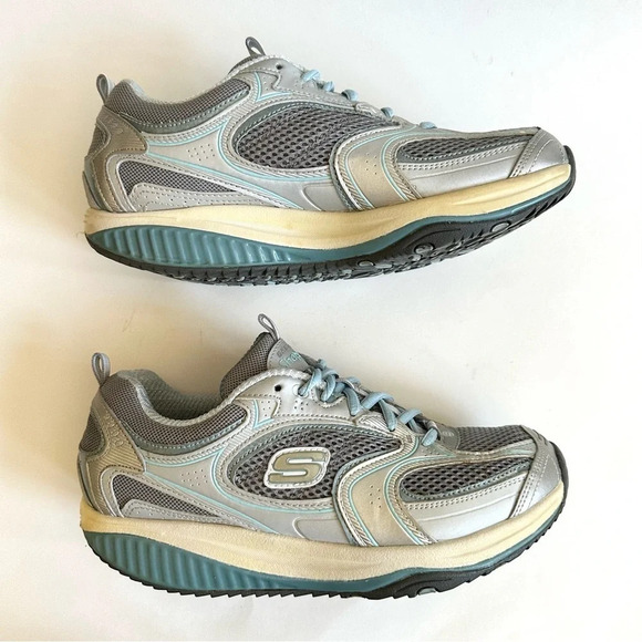 Skechers Womens Shape Ups 12320 Silver Blue Casual Shoes Sneakers Sz 8 Leather - Picture 2 of 13